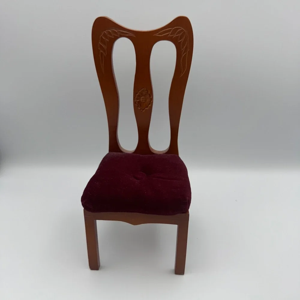 Vintage‎ Porcelain Doll Victorian Burgundy Velvet Dress Floral Hairpiece W Chair